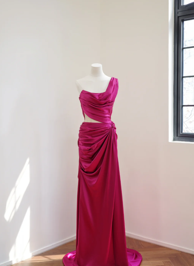 Charming One Shoulder Satin Pleated Mermaid Long Party Dress Hot Pink Wedding Guest Dress
