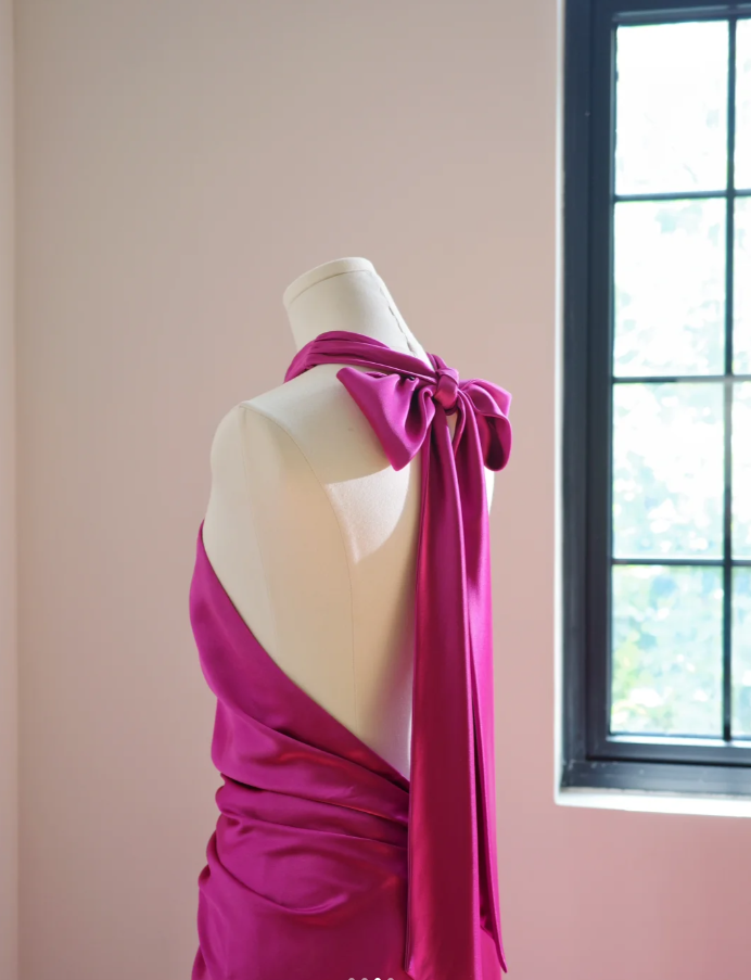 Elegant Halter Hot Pink Satin Pleated Mermaid Long Wedding Guest Dress Party Dress