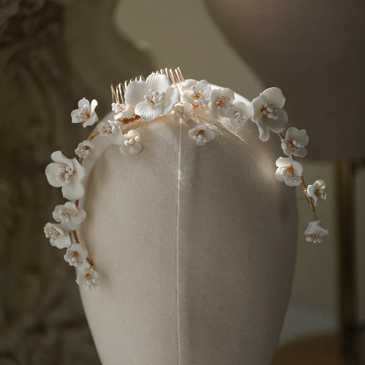 Bridal Jewelry Porcelain Flower Headband Gold Silver Color Hair Comb Pin For Brides Women Headwear Heapieces Wedding Accessories