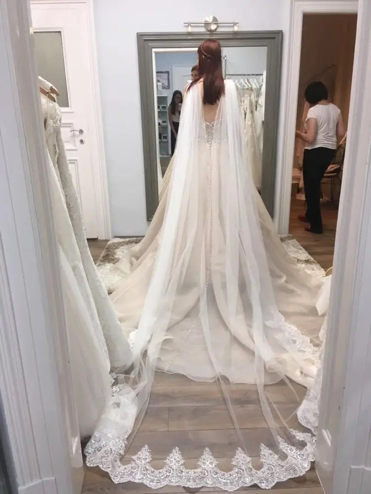 One Layer Lace Bridal Cape Cathedral Shoulder Veil Wedding Cloak " V"  Split in White, Off-White ,Ivory