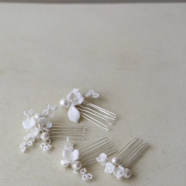 Bridal Jewelry Imitation Pearl Hair Comb Pin Porcelain Flower Head Piece Brides Gold Silver Color Hairpin Wedding Accessories