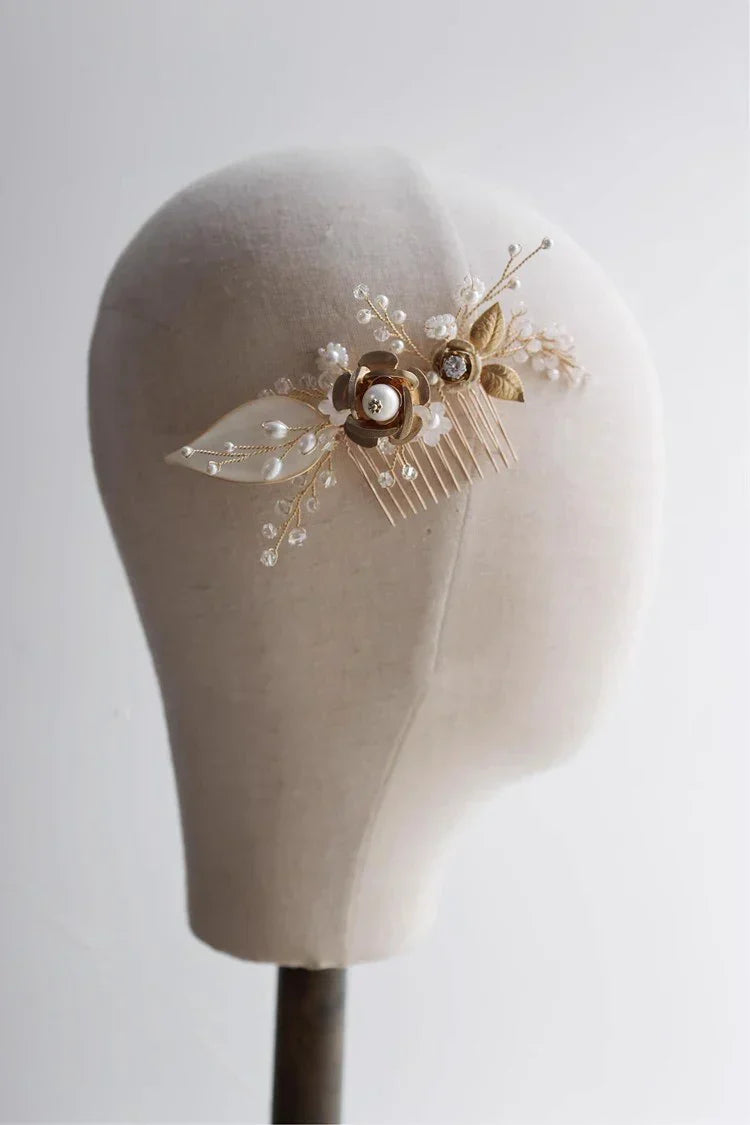 Wedding Accessories Gold Color Hair Comb Pin Pearl Crystal Hairpin Bride Birthday Gift Flower Leaf Head Piece Bridal Jewelry