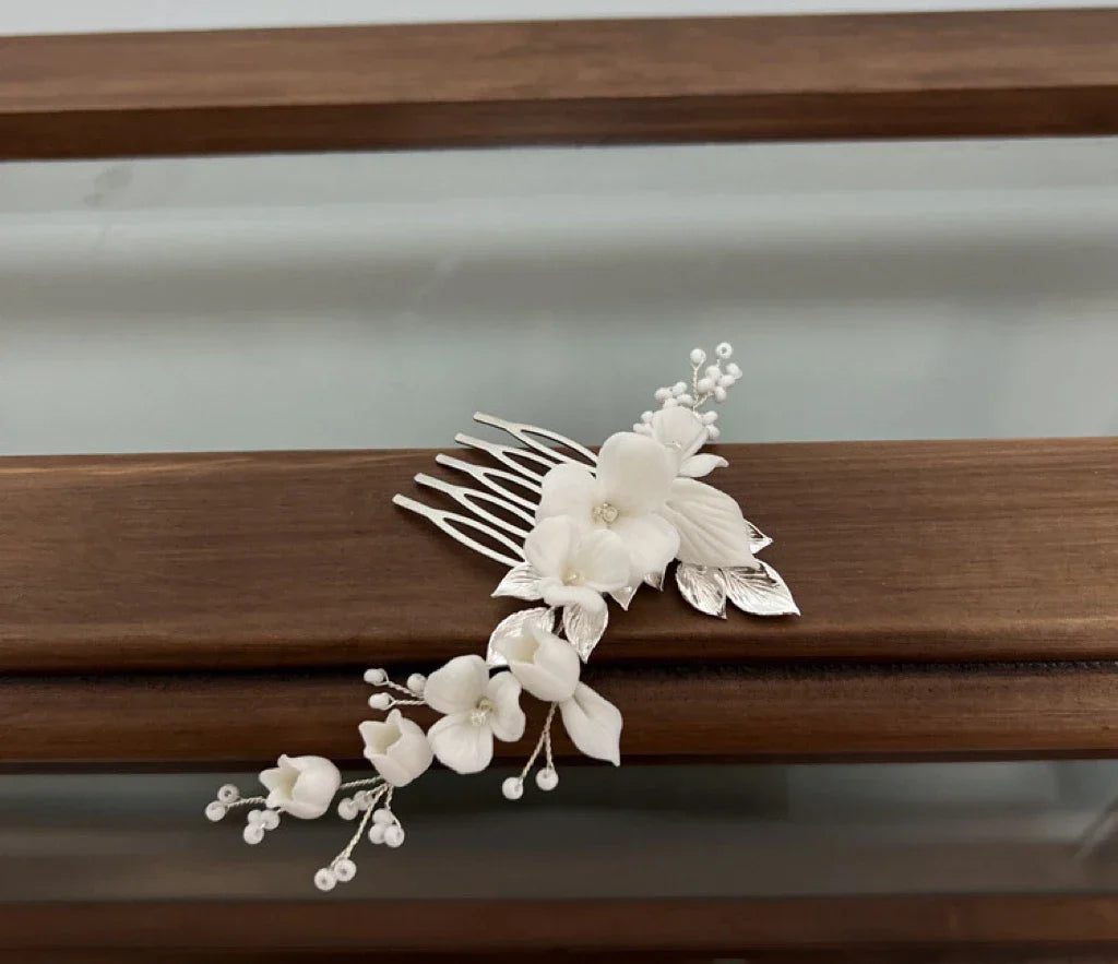 Gold Silver Color Headpiece Headband Hair Comb Pin Clip For Brides Porcelain Flower Hairpin Wedding Accessories Bridal Jewelry