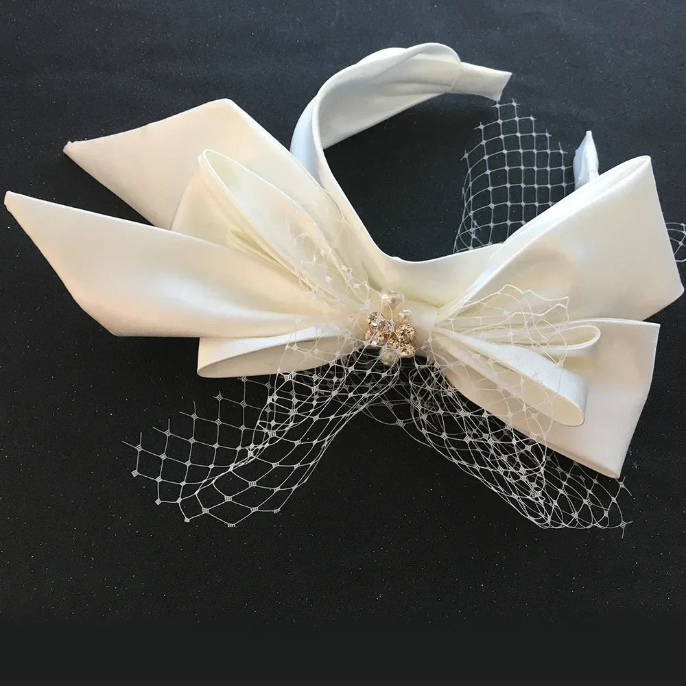 Bridal Headbands For Women Satin Mesh Bow Fascinator Wedding Hairband With Blusher Veils Elegant Party Bride Hair Accessories