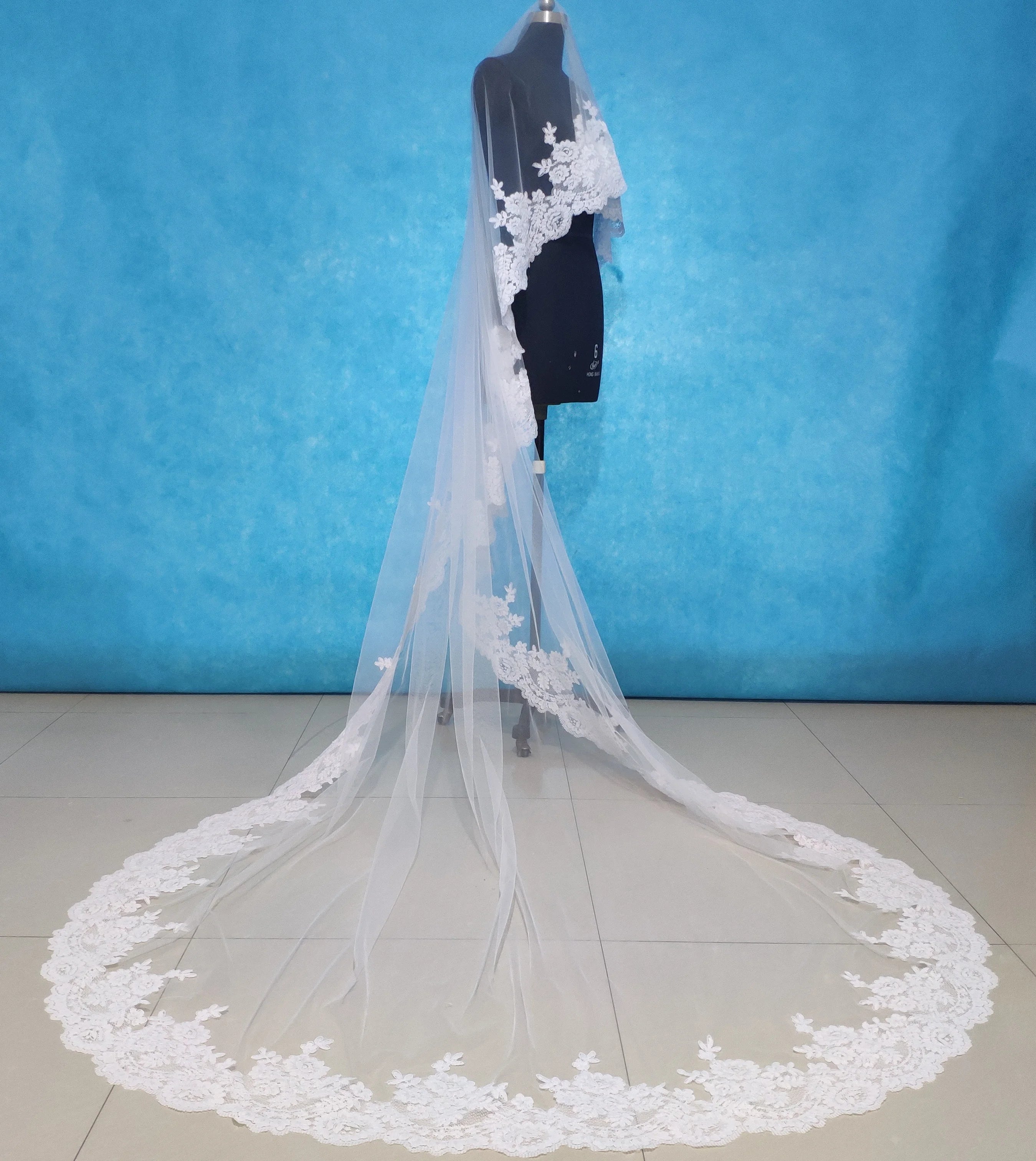 New France Lace Wedding Veil One layer 3 M Bridal Veil Long Lace Veil no Comb