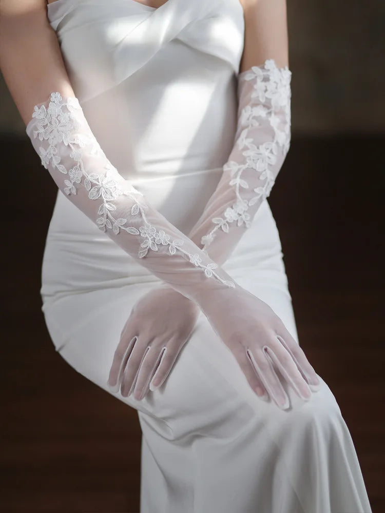 Lace Short Long Bridal Gloves Flower Wristband Wedding Glove For Women Girl Party Evening Dress Jewelry Brides Accessories a