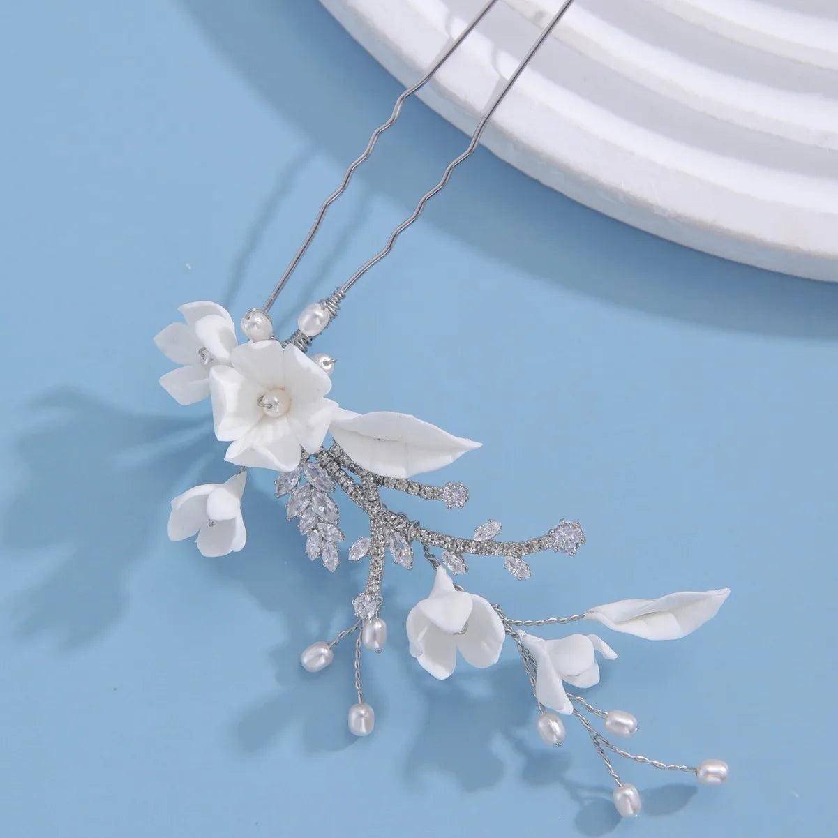 Porcelain Flower Hair Pin Clip Zircon Hairpin Brides Bridesmaids Silver Color Head Pieces Wedding Accessories Bridal Jewelry