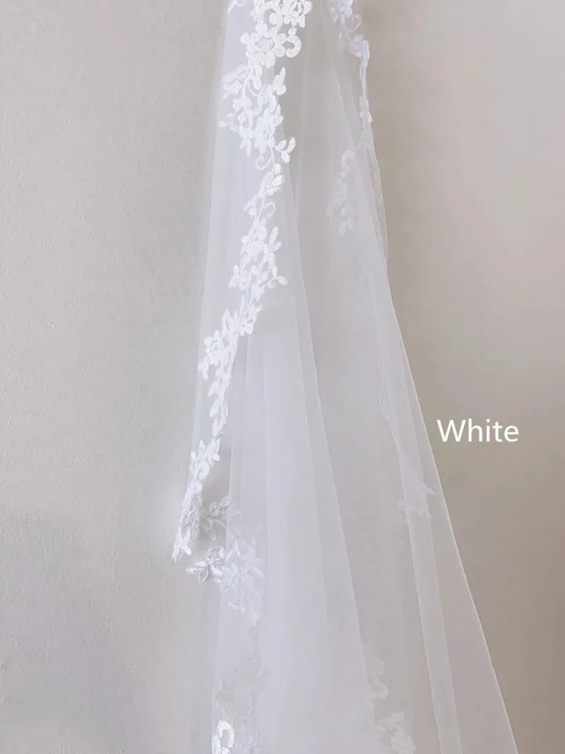 1 Tier Lace Applique Wedding Veil Cathedral Length Bridal Veil