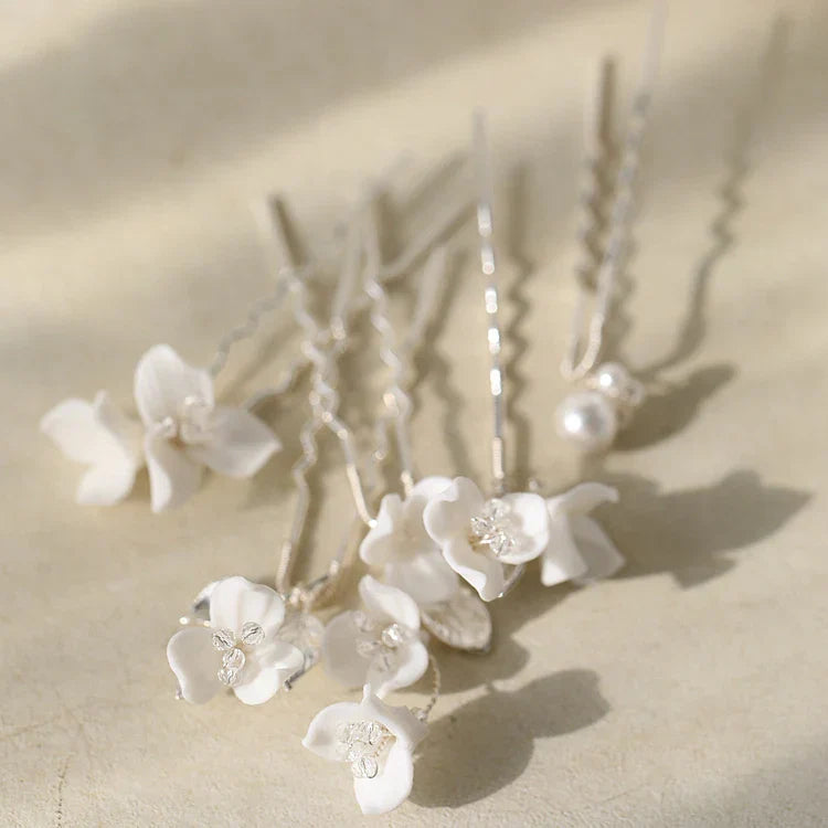 Wedding Accessories Porcelain Flower Hair Pin Clip Silver Color Head Piece For Brides Women Bridesmaids Hairpin Bridal Jewelry a