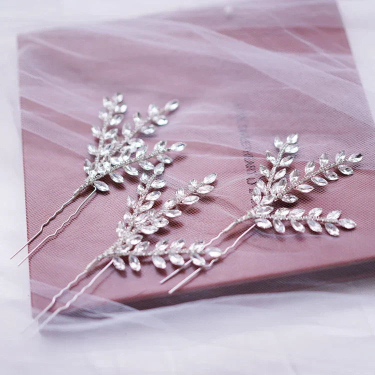 Crystal Rhinestones Hair Pin Clip Leaf Hairpin For Brides Bridesmaids Silver Color Head Piece Wedding Accessories Bridal Jewelry
