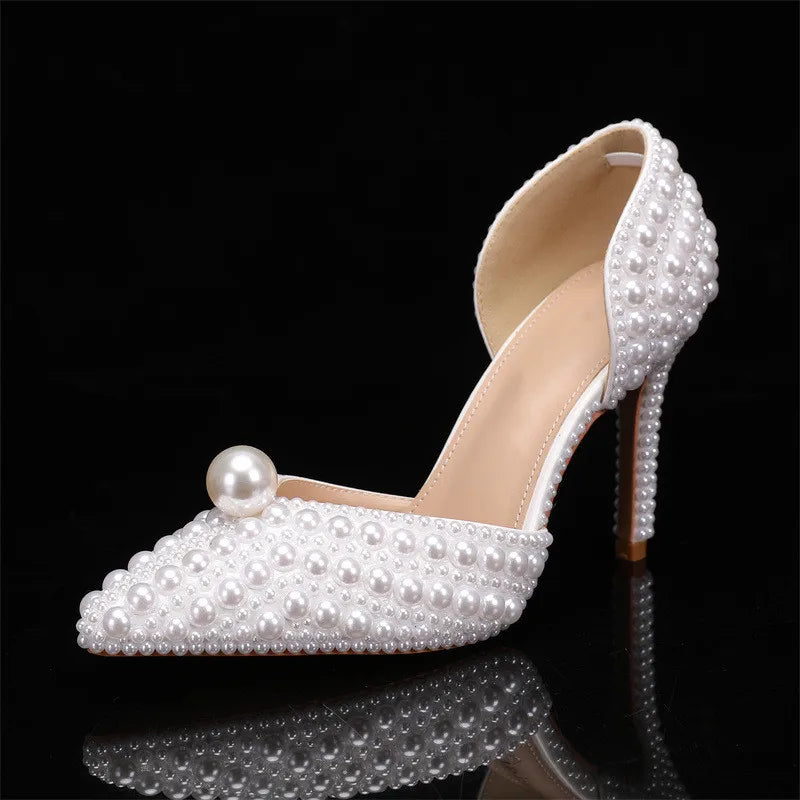 Luxury full pearls Beaded Decoration Women Pumps Elegant Pointed toe Thin High heels Female Wedding Bridal Banquet Prom Shoes White
