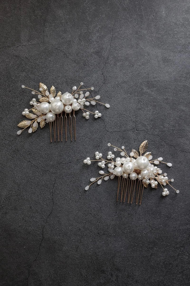 Wedding Accessories Pearl Beaded Hair Pin Clip Comb Gold Silver Color Hairpin For Bride Leaf Headdress Head Piece Bridal Jewelry gold color comb