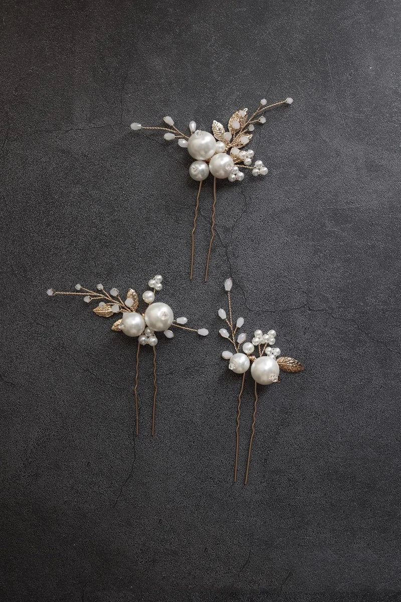 Wedding Accessories Pearl Beaded Hair Pin Clip Comb Gold Silver Color Hairpin For Bride Leaf Headdress Head Piece Bridal Jewelry gold color hairpin