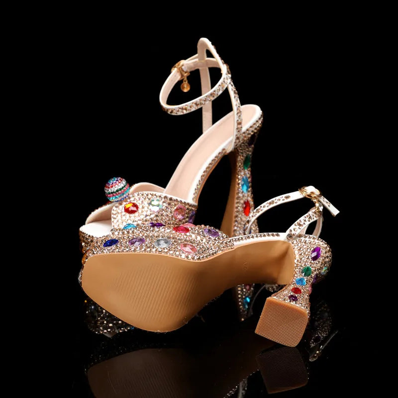 Luxury Colorful Rhinestones Women Gladiator Sandals Sexy Ankle Strap Platform Wedges High heels Fashion Summer Party Prom Shoes