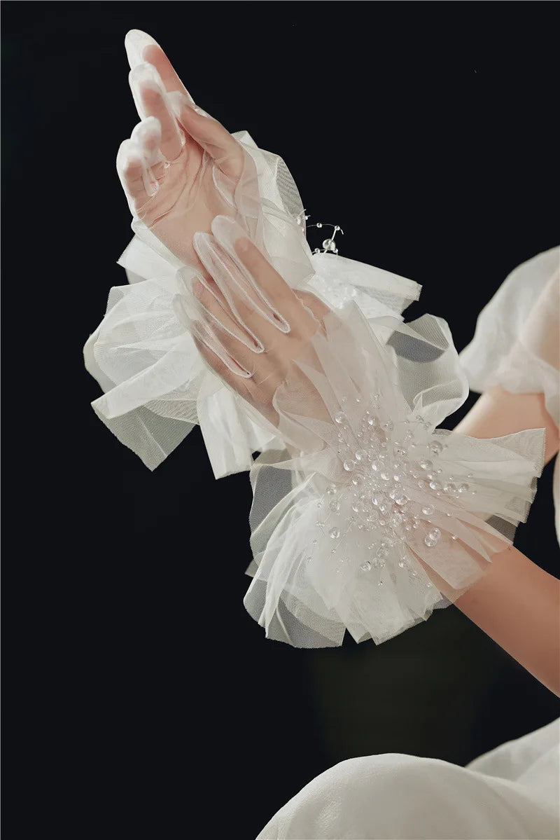 Long Bridal Gloves Vintage Flower Pearls Wristband Wedding Glove For Women Girl Party Evening Dress Jewelry Bride Accessories e