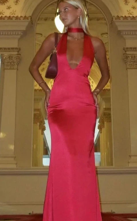 Halter Backless Sheath Satin Prom Dress Long Party Evening Gown