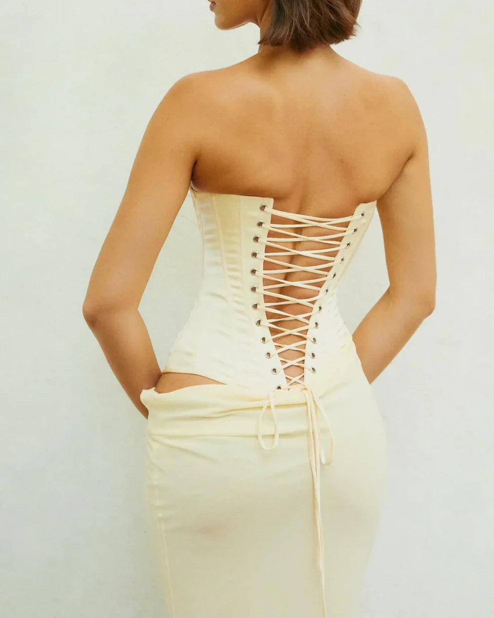 Simple Light Yellow Mermaid Boned Corset Satin Long Prom Dress Evening Dress
