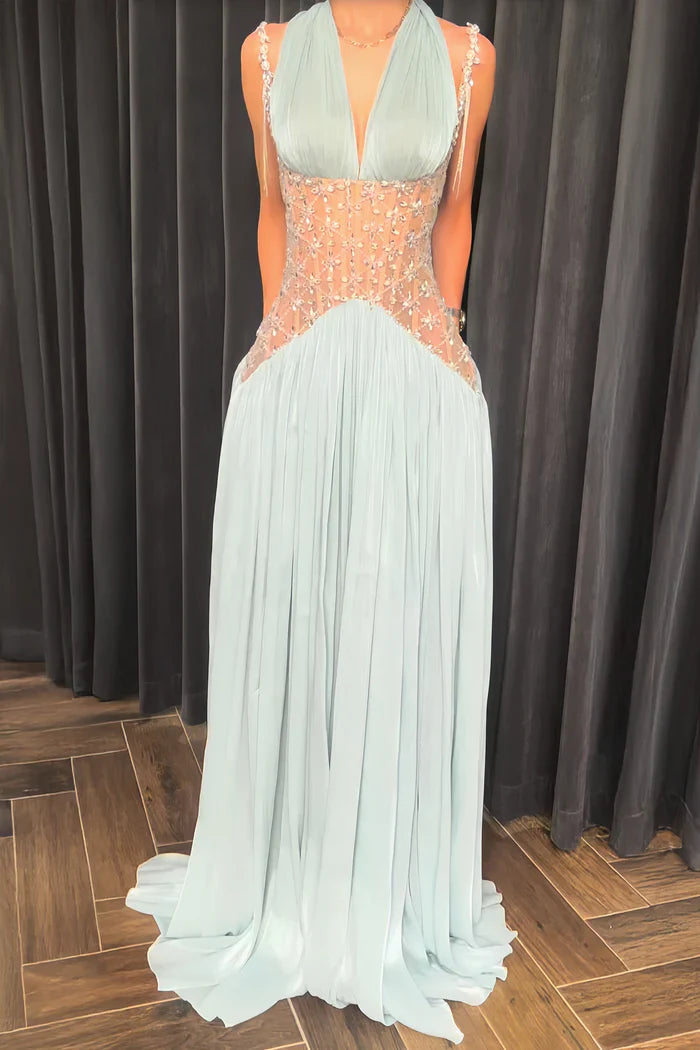 Elegant Light Blue A-line Rhinestone Deep V Halter Neck Chiffon Long Prom Dress Evening Dress