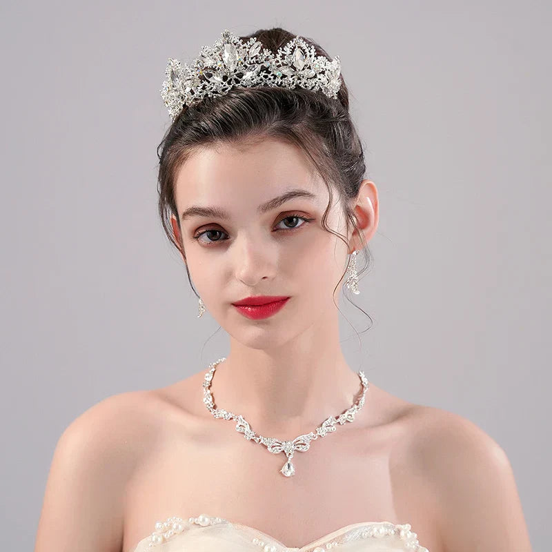 Luxury Silver Color Crystal Water Drop Bridal Jewelry Sets Rhinestone Tiaras Crown Necklace Earrings Wedding Dubai Jewelry Set TS-0010-A-XL-0006-A Tiaras
