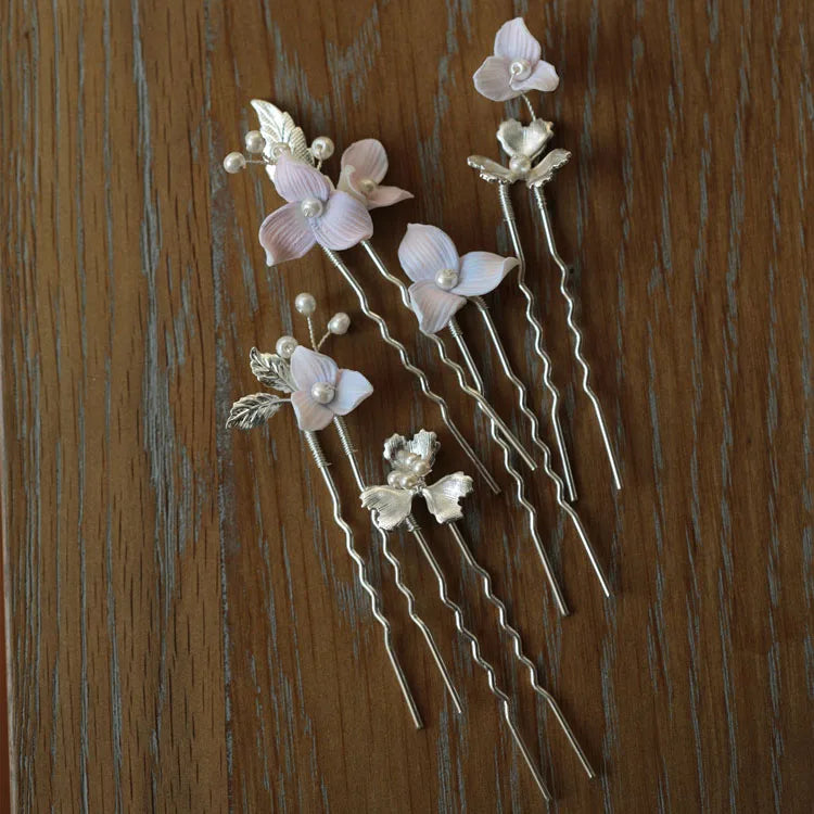 Porcelain Flower Hair Pin Clip Silver Color Head Piece For Bride Bridesmaids Women Hairpins Wedding Accessories Bridal Jewelry
