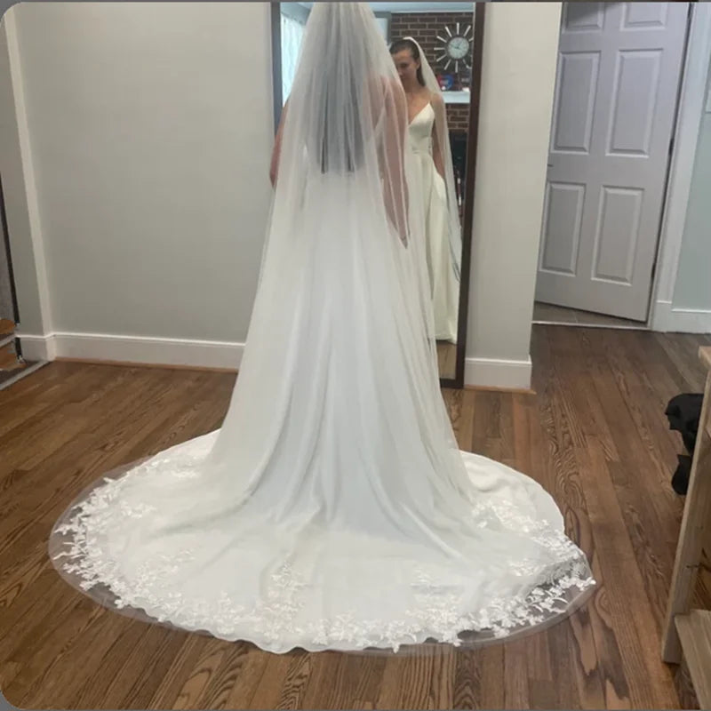 Cathedral Length Lace Applique Wedding Veil - Long Bridal Veil with Metal Comb for Brides