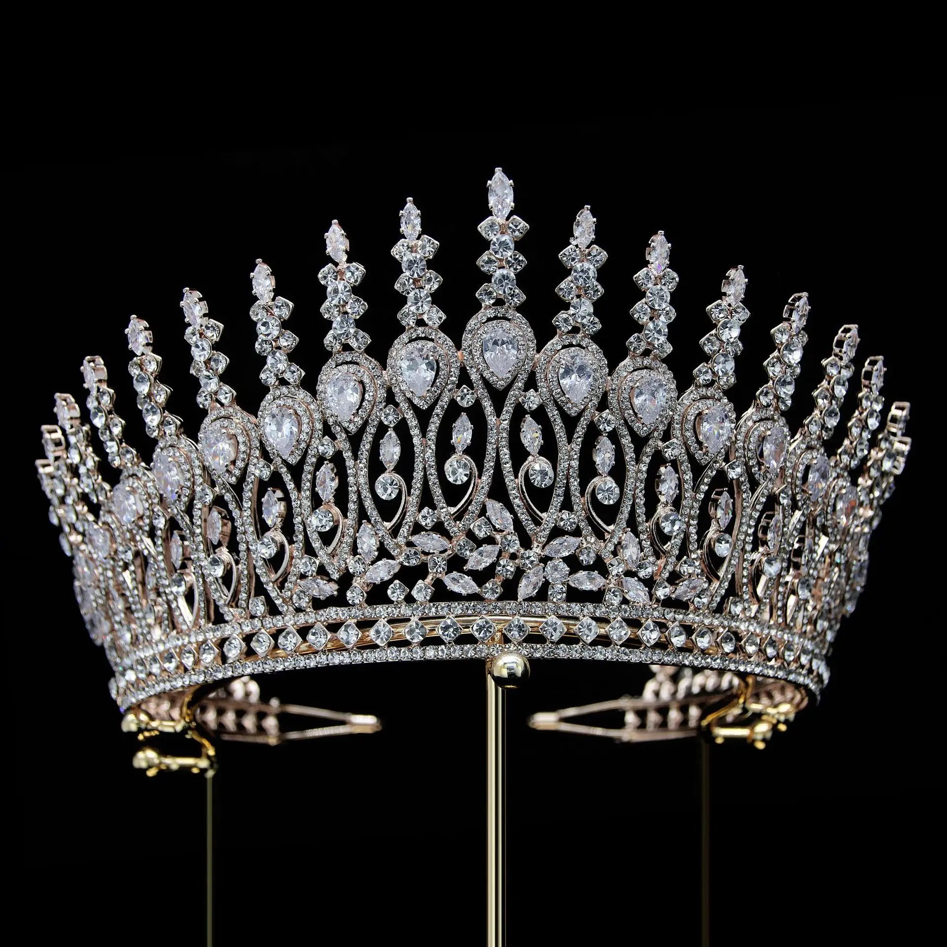 Big Large AAA Zircon Tiara Crown Zirconia Headpiece For Brides Princess Queen Headband Wedding Hair Accessories Bridal Jewelry rose gold color