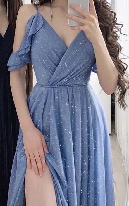 Spaghetti Straps Blue Prom Dress With Split