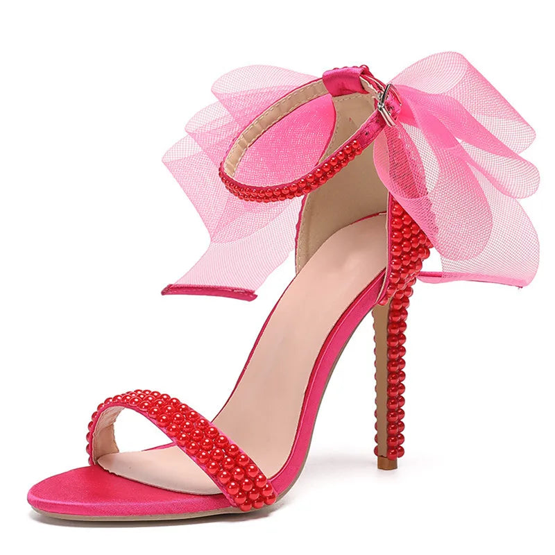 Summer New brand Fashion Bowknot Beading Women Gladiator Sandals Luxury Pearls White thin High heels Wedding Bridal Party Shoes Red