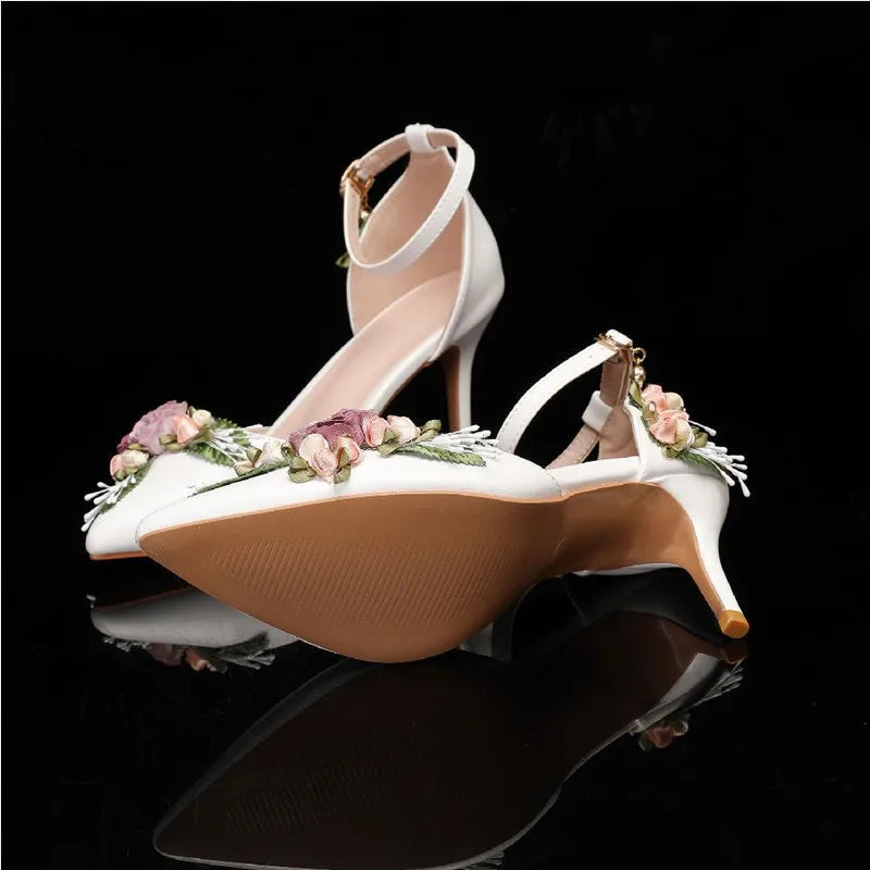 Fashion Flowers Leaf Satin Mary Janes Women Pumps Spring Autumn Elegant Pointed toe Thin High heels Wedding Bridal Shoes
