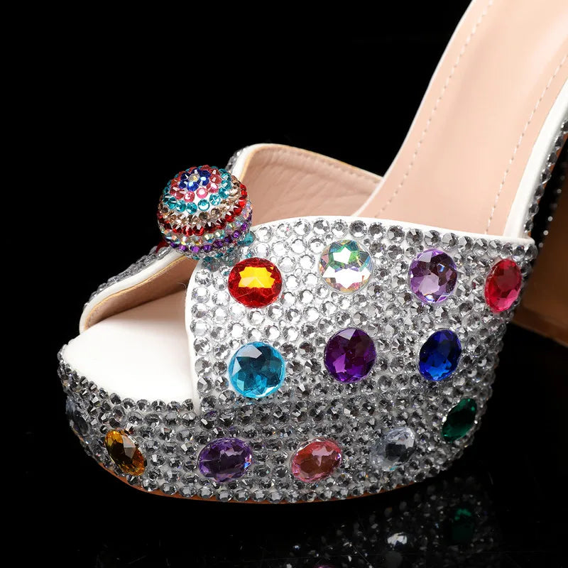 Luxury Colorful Rhinestones Women Gladiator Sandals Sexy Ankle Strap Platform Wedges High heels Fashion Summer Party Prom Shoes