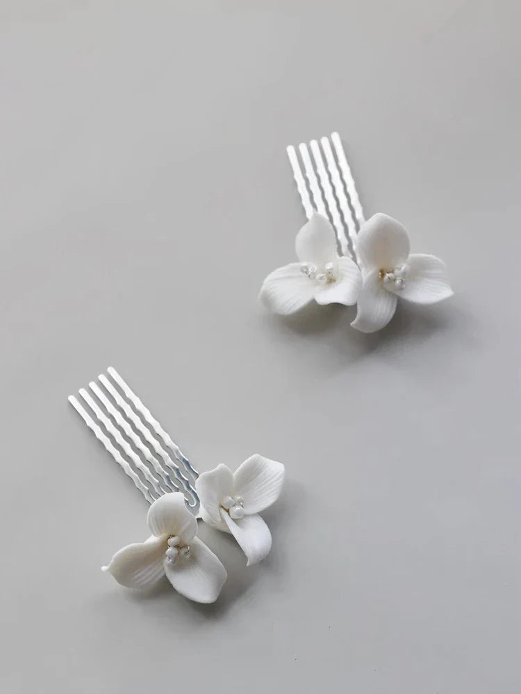 Bridal Jewelry Porcelain Flower Hair Comb Clip Pin Women Girl Head Piece For Bride Bridesmaids Hairpin Wedding Accessories 2pc silver color