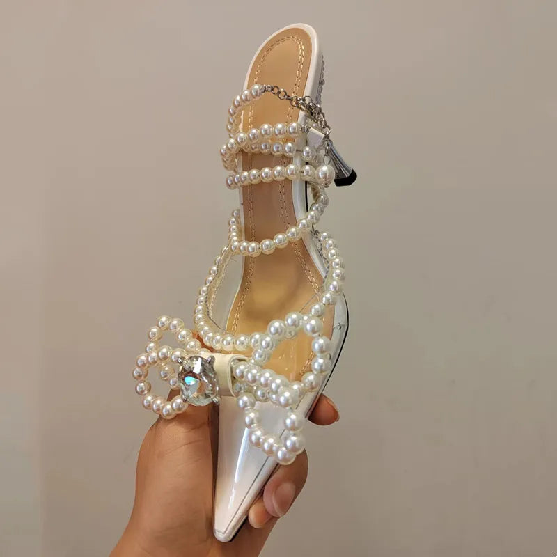 2024 New design Crystal Beads Bowknot Women Sandals Fashion Clear PVC Ankle Strap Gladiator sandals Summer Party Prom Shoes