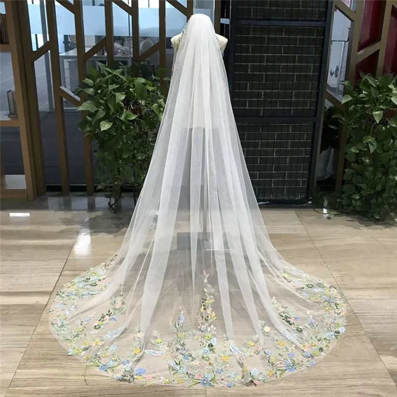 Colorful Flower Wedding Veil Hand Made Lace Bridal Veil Perfect for Outdoor, Garden, or Themed Ceremonies.