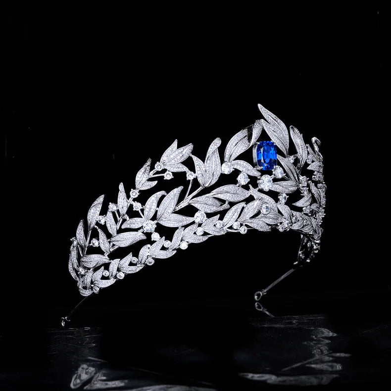 Bridal Hair Jewelry Blue Zircon Tiaras and Crowns Cubic Zirconia Headband Women Bride Princess Queen Diadem Wedding Accessories