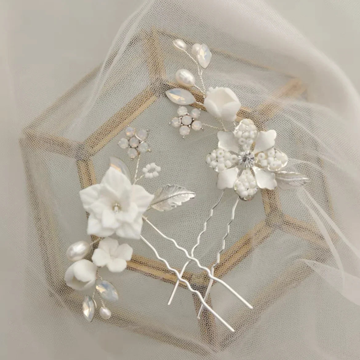 Porcelain Flower Hair Pin Clip Silver Color Head Piece For Brides Women Pearl Opal Hairpins Wedding Accessories Bridal Jewelry