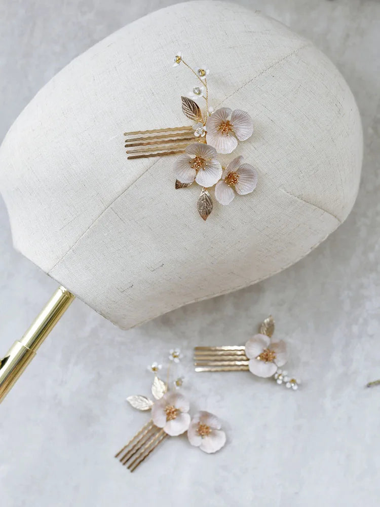Bridal Jewelry Gold Color Hair Pin Clip Flower Leaf Head Piece For Bride Bridesmaids Women Crystal Hairpin Wedding Accessories