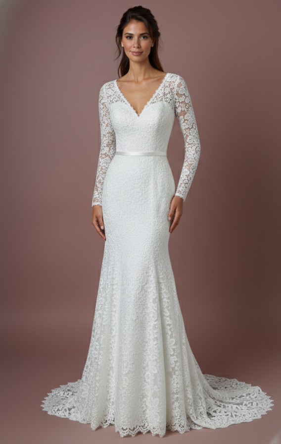 Sheer Sleeve Wedding Dress Classic Long Lace Overlay Fashion