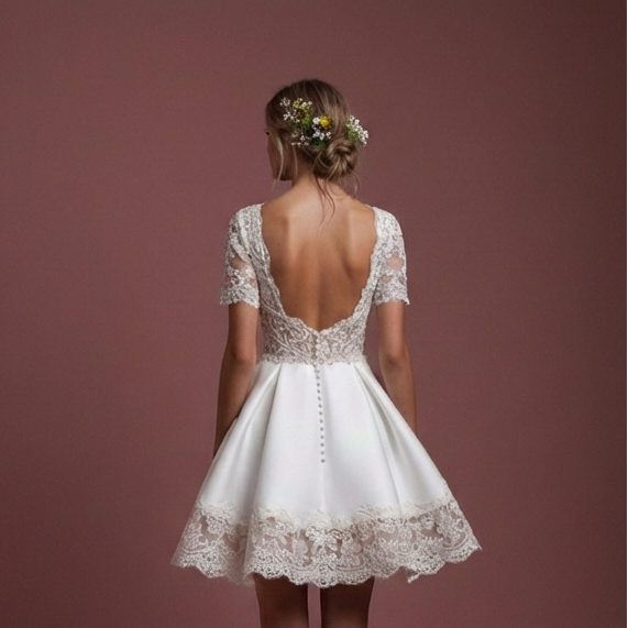 Short Rustic Sleeve Wedding Dress Country Style Lace Trim