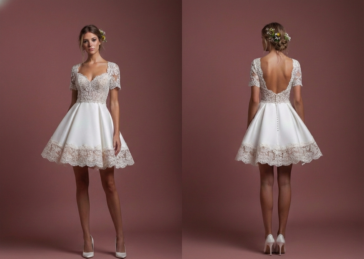 Short Rustic Sleeve Wedding Dress Country Style Lace Trim