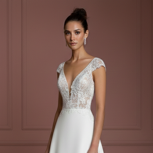 Short Sleeve Wedding Dress Lace Applique Long Train