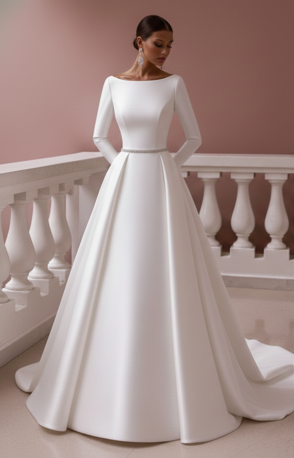 Simple Sleeve Wedding Dress Minimalist Long Crepe Stretch Gown