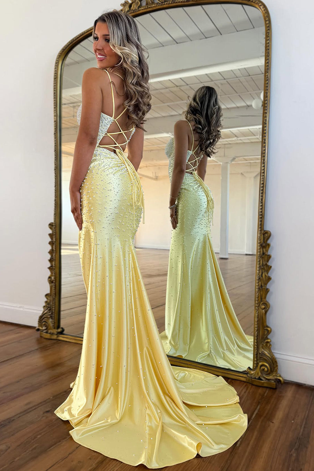 Sparkly Mermaid Spaghetti Straps Black Prom Dress with Pearl Beaded