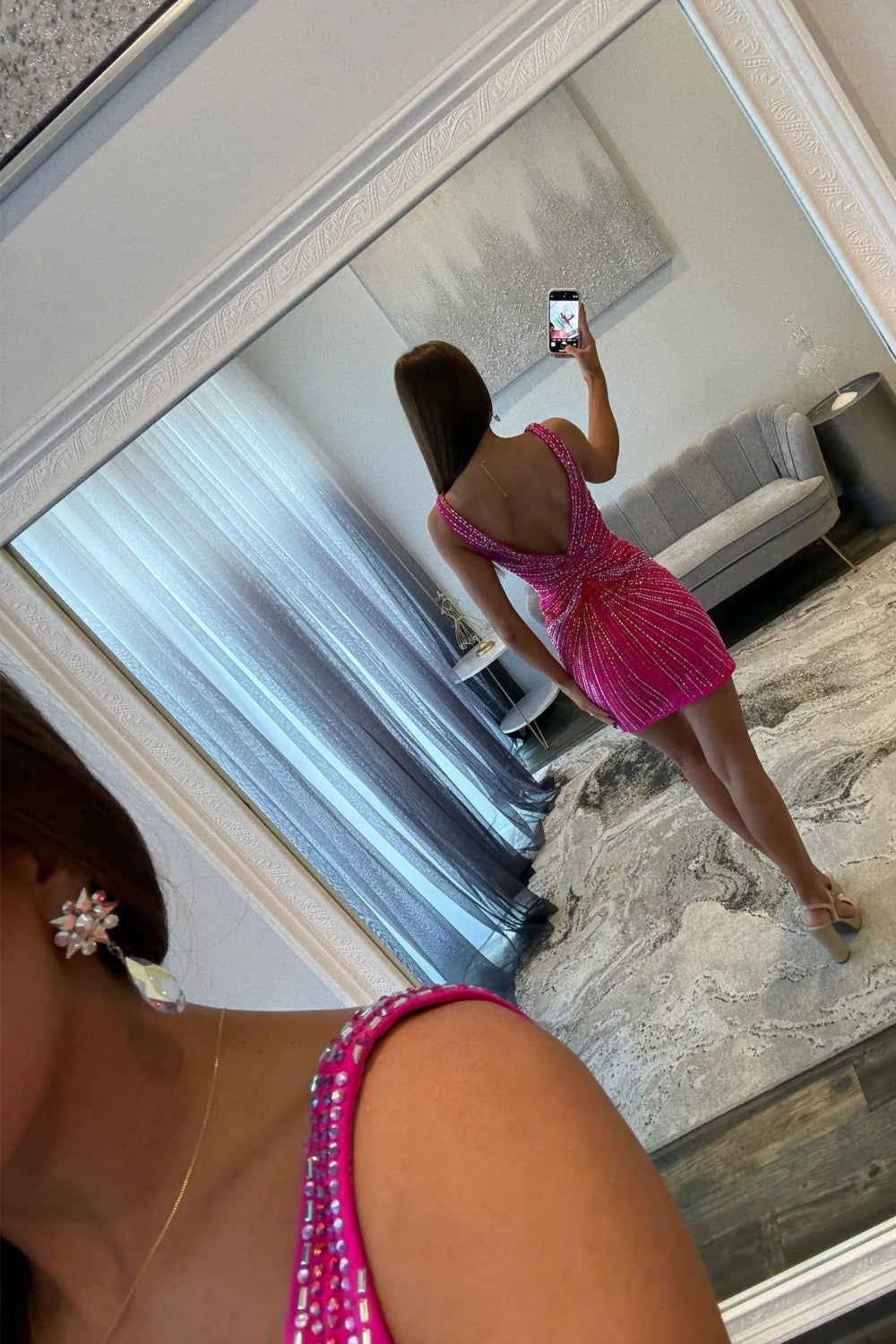 Sparkly Sheath Deep V Neck Fuchsia/Navy Blue Short Homecoming Dress with Beading
