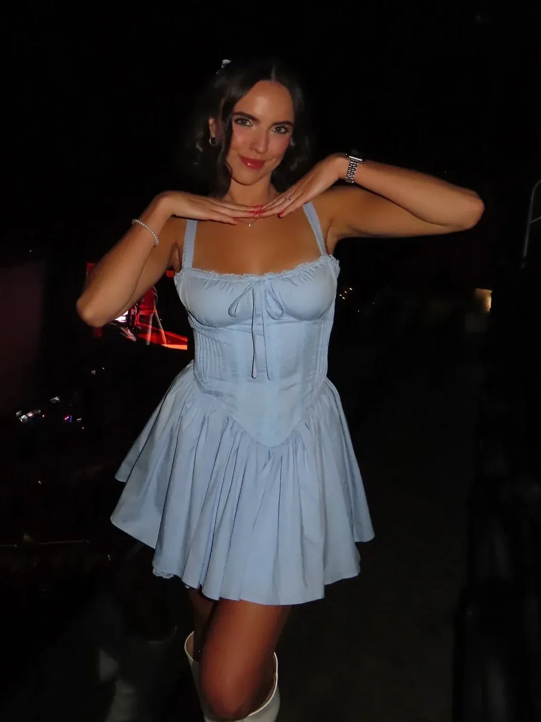 Stylish A Line Square Neck Blue Corset Homecoming Dress with Bowknot