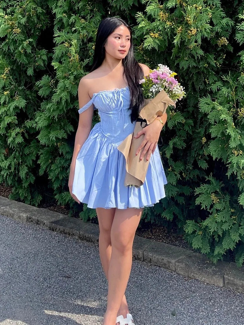 Stylish A Line Square Neck Blue Corset Homecoming Dress with Bowknot