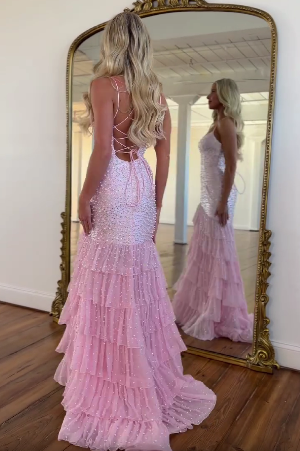 Stylish Mermaid Spaghetti Straps Pink Long Prom Dress with Pearls Split Front