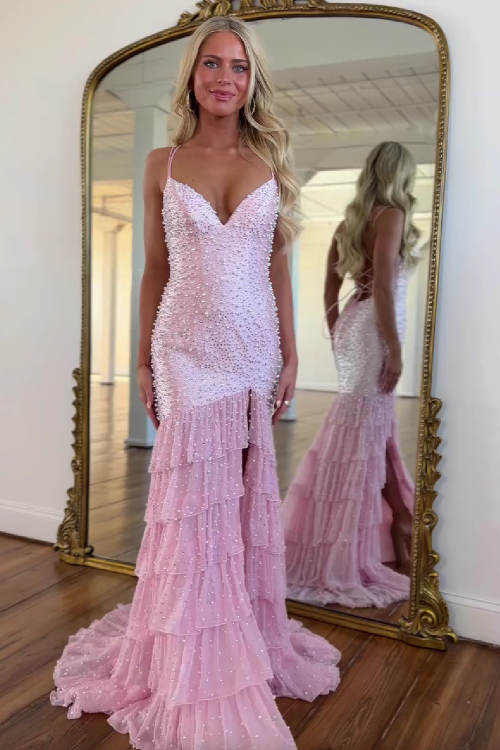 Stylish Mermaid Spaghetti Straps Pink Long Prom Dress with Pearls Split Front