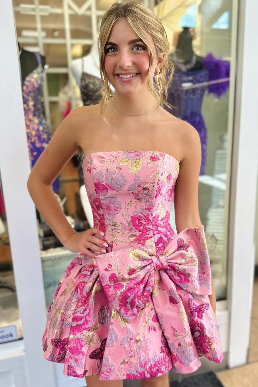 Stylish A Line Strapless Grey Blue Printed Short Homecoming Dress with Bowknot