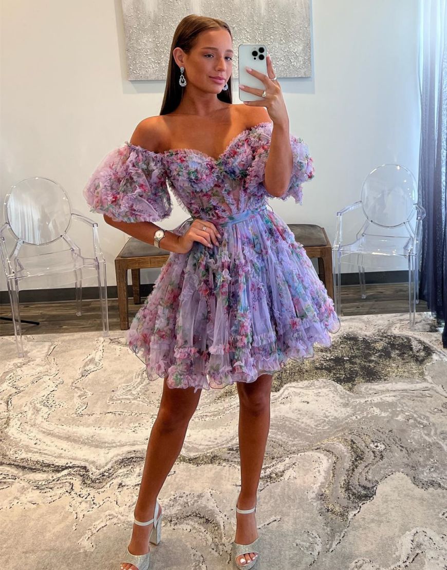 Cute A-Line Off The Shoulder Short Tulle Print Homecoming Dress