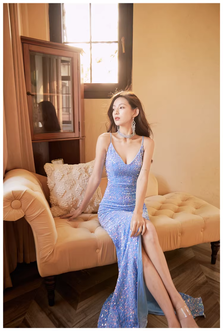 Sparkly Spaghetti Straps V Neck Blue Sequin Mermaid Slit Long Evening Dress Formal Wedding Guest Dress
